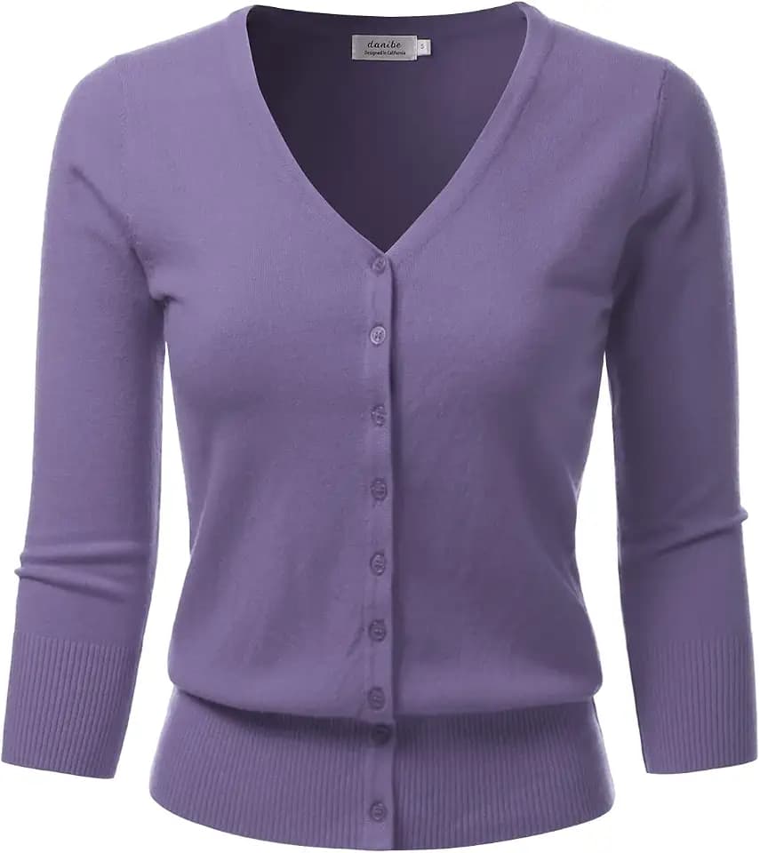 Women's 3/4 Sleeve V-Neck Button Down Knit Sweater Soft Cardigan (S-XXL)