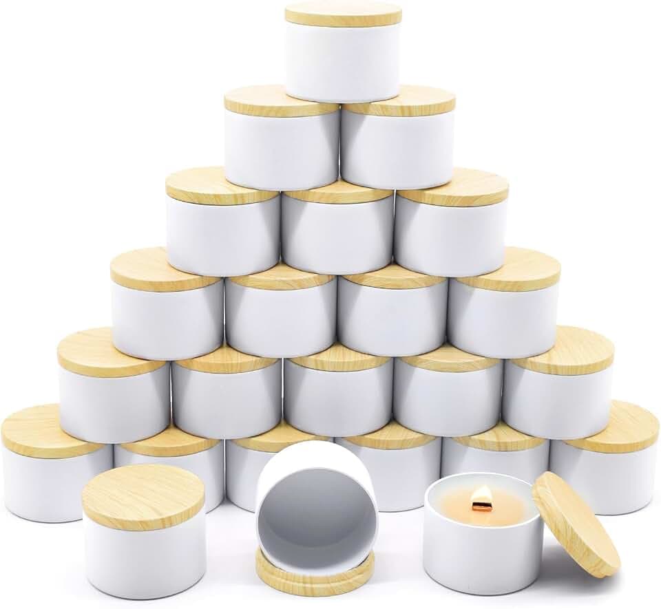 24-Pack 8oz Candle Tins with Wood-Grain Printing Lids, Metal Candle Jars for Candle Making, Empty Containers Vessels Bulk for Small Business & Beginners DIY Storage -Wood White