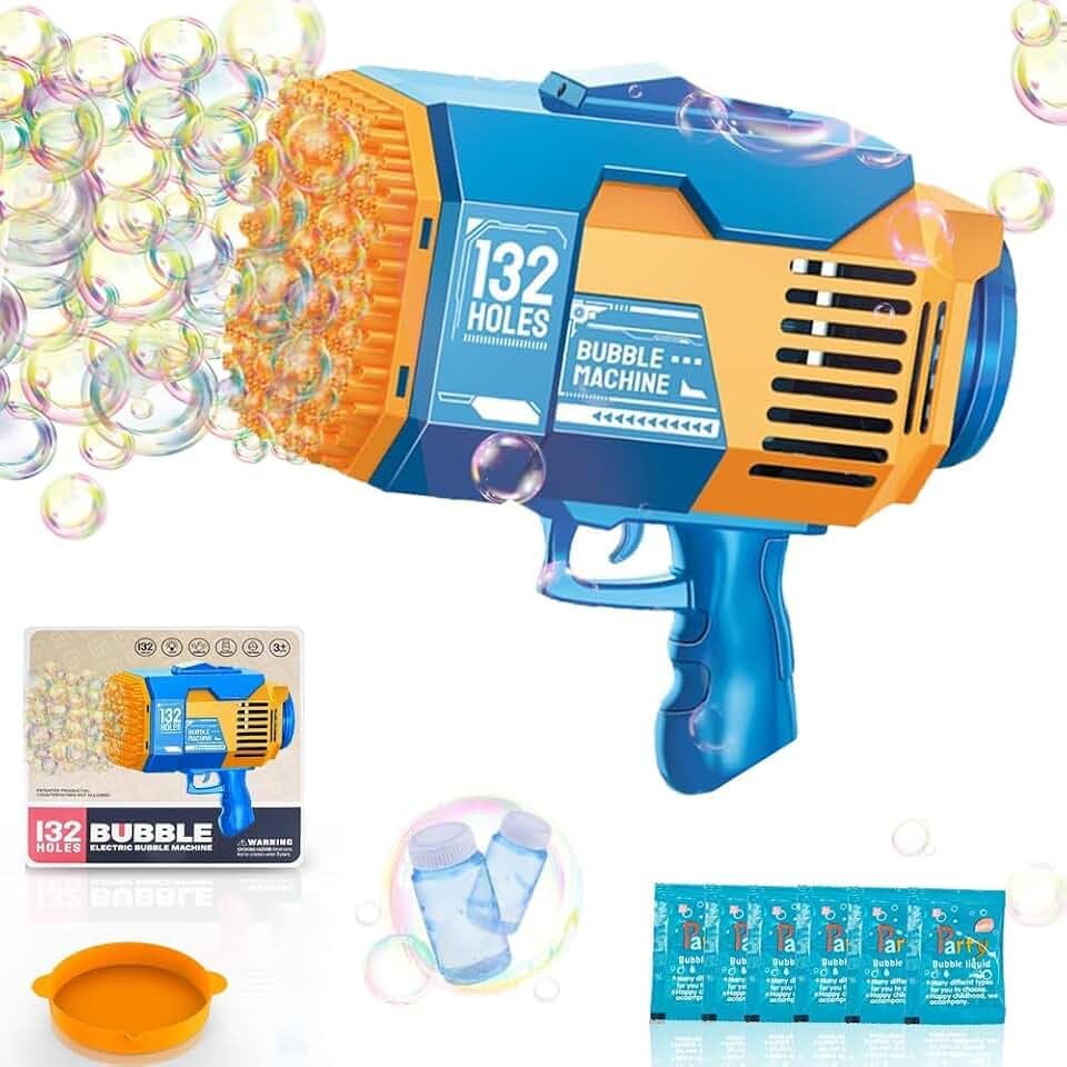 Upgraded 132 Holes Bubble Machine Gun,Bazooka Bubble Machine,Rocket Bubble Gun Bubble Machine,Summer Toys Bubble Blaster Maker for Kids, Wedding, Birthday Gift (Light Blue)