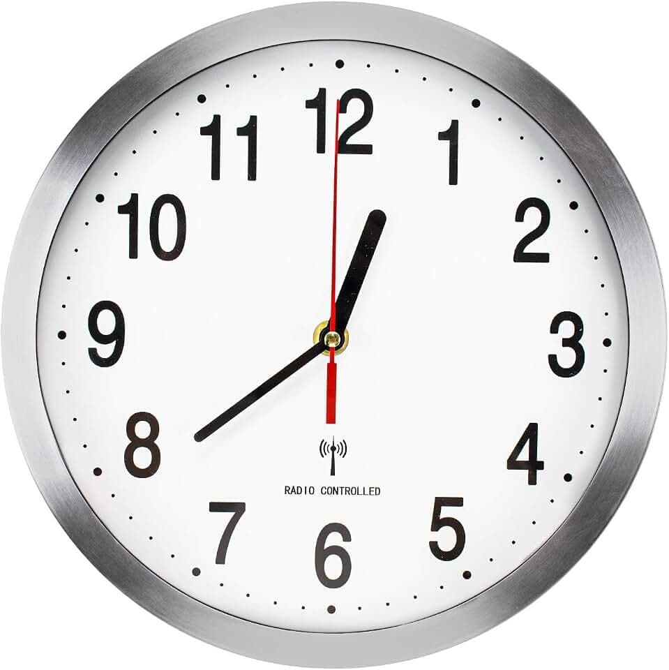 Lawei Funk Wanduhr Funkuhr aus Aluminium Wanduhren Küchenuhr Automatische Umstellung - Silber, 25cm