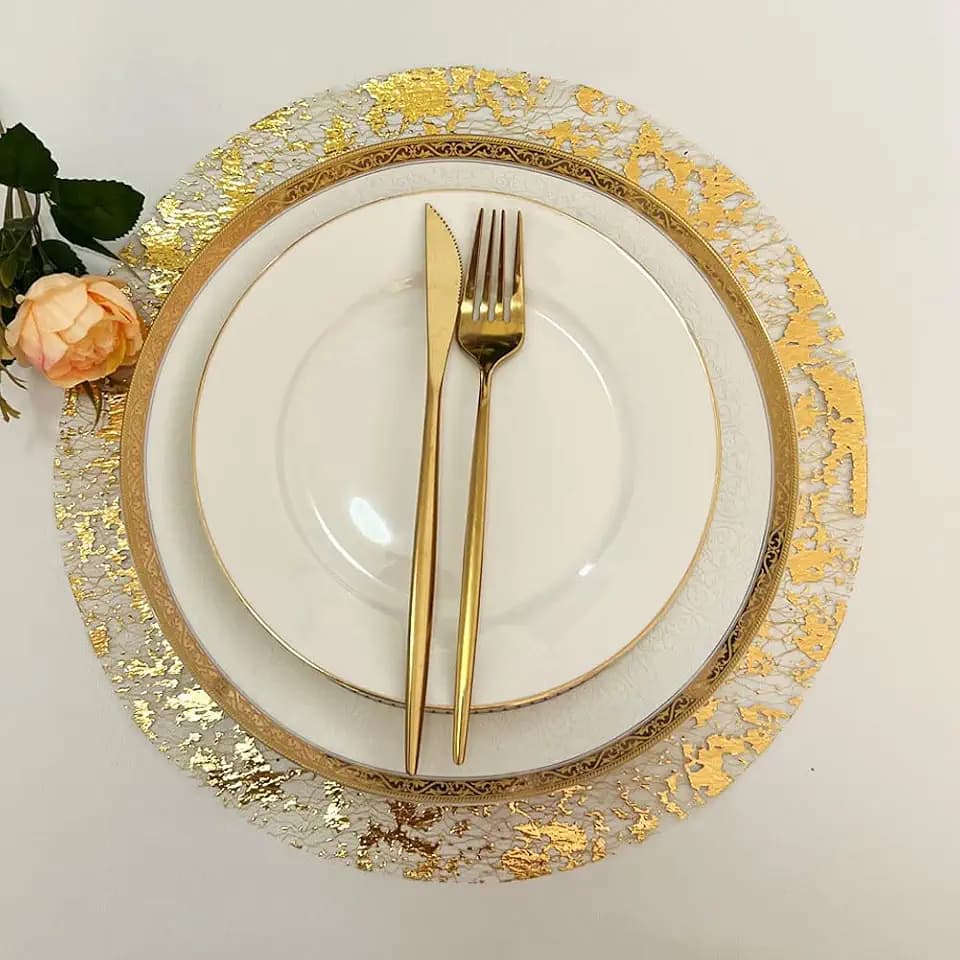 Gold Disposable Placemats Gold Doilies of 100 Round Place Mats Pressed 13 Inch Metallic Foil Charge Placemats for Home Decoration Dining Table Wedding Birthday Party