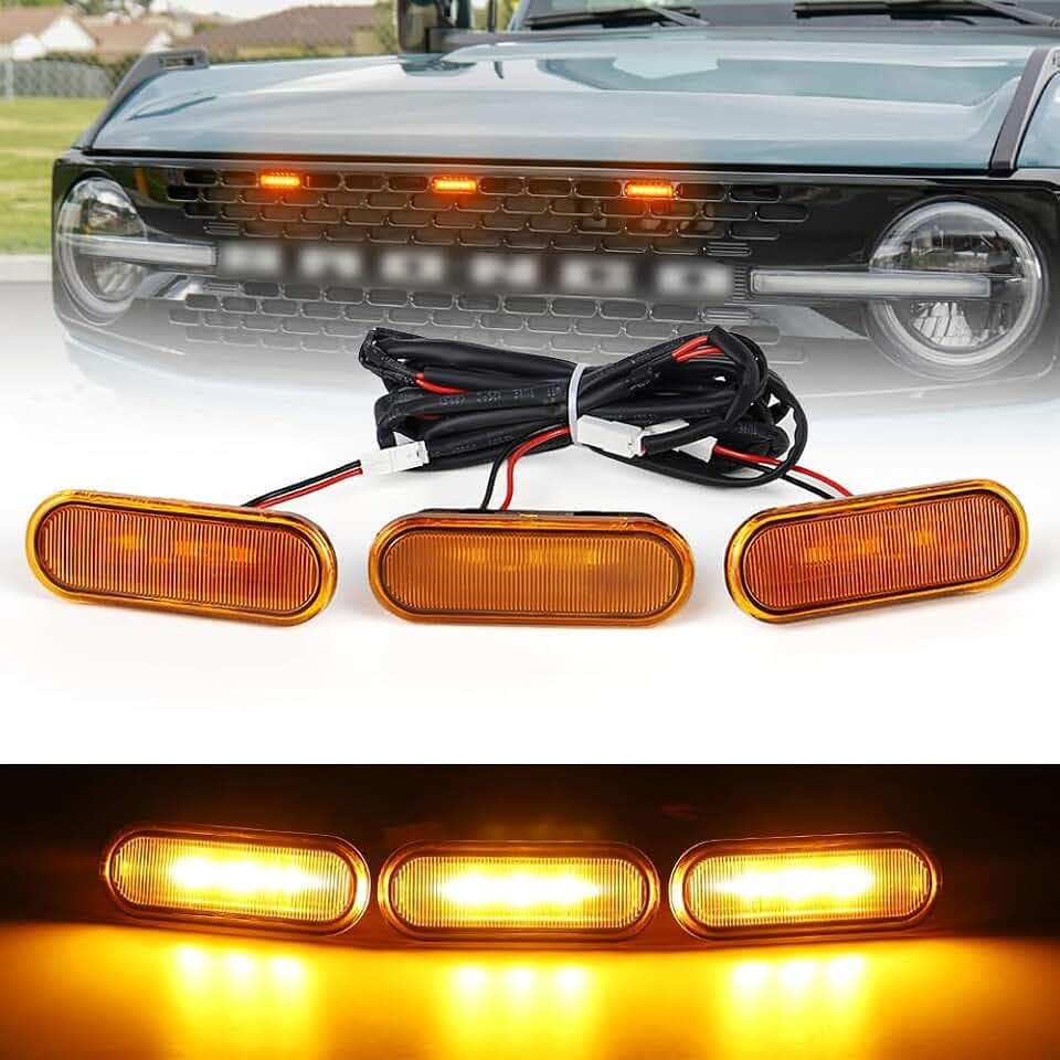 LED Grill Lights for Ford Bronco 2021 2022 2023 2024 2025 2/4-Door Badlands Wildtrak Everglades, Amber OEM Grille Lamps Kit Bronco Accessories(3 PCS)