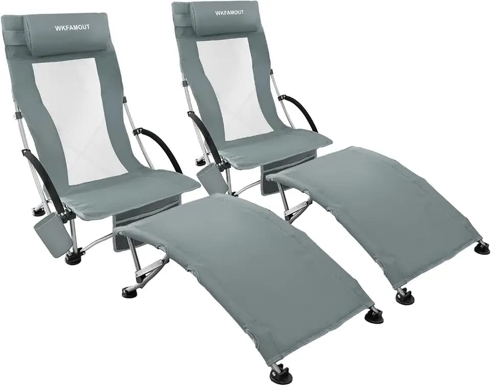 Folding Beach Chair Set ot 2 with Footrest Padded for Adults Portable Low Beach Chair High Back with Cup Holder and Carry Bag Lightweight Beach Lounge Chair Travel Grey