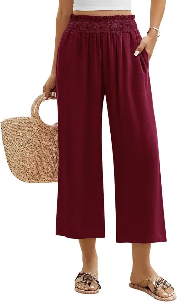 Yusongirl Wide Leg Capri Pants for Women Pull On Linen Casual Palazzo Trousers Smocked Elastic Waist Flowy Pants