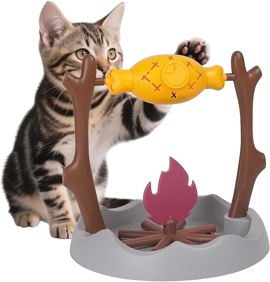Cat Slow Feeder, Interactive Cat Puzzle Toy & Treat Dispenser, BBQ Campfire Grill Design with Adjustable Rotating Roast, Food Dispensing Enrichment Toy for Indoor Cats & Kittens(Rotating Roast)