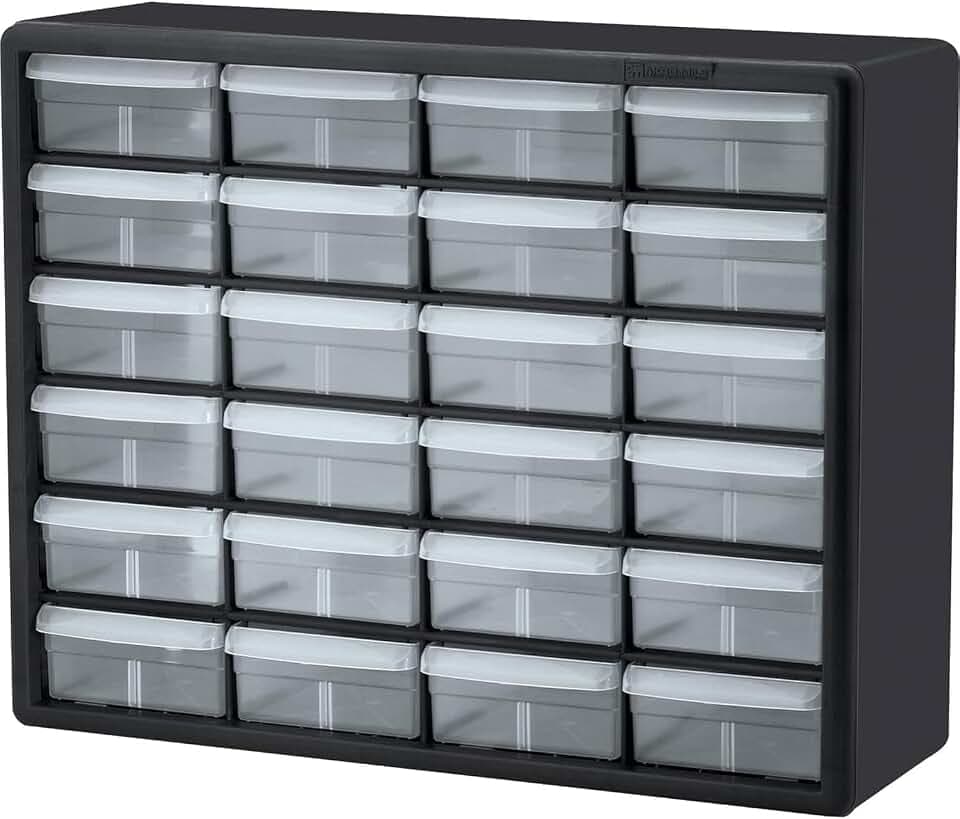 Akro-Mils 10124 Schubladenschrank mit 24 Schubladen, Kunststoff, für Garage, Perlen- und Make-up-Organizer, Lego-Aufbewahrung, Lehrer-Werkzeugkasten und mehr, 50,8 x 15,2 x 40,6 cm (B x T x H) Schwarz