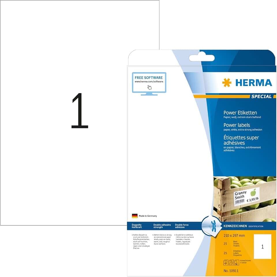 HERMA 10911 Power Etiketten, 25 Blatt, 210 x 297 mm, 1 pro A4 Bogen, 25 Stück, selbstklebend, bedruckbar, extrem stark haftend, blanko Papier Klebeetiketten Aufkleber, weiß