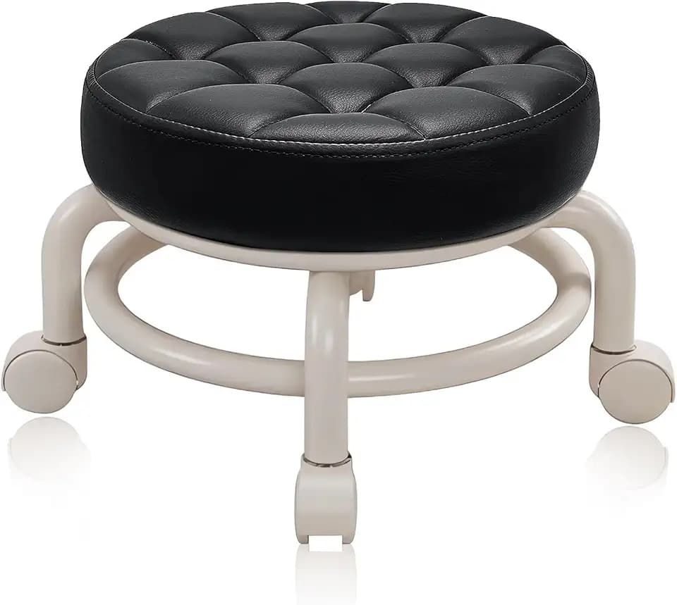 Round Rolling Low Stool- PU Leather Low Stool 360° More Comfortable Swivel with Thickened Sponge Cushion for Nail Salon, Pedicure, SPA and Home (Black)