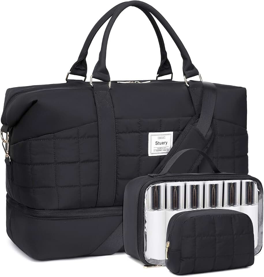 Puffer Weekender Bags for Women: Large Overnight Bags Travel Duffel Bag Carry On Shoulder Weekend Tote with Shoe & Laptop Compartment & Toiletry Bags for Airplane Traveling Gym, Black