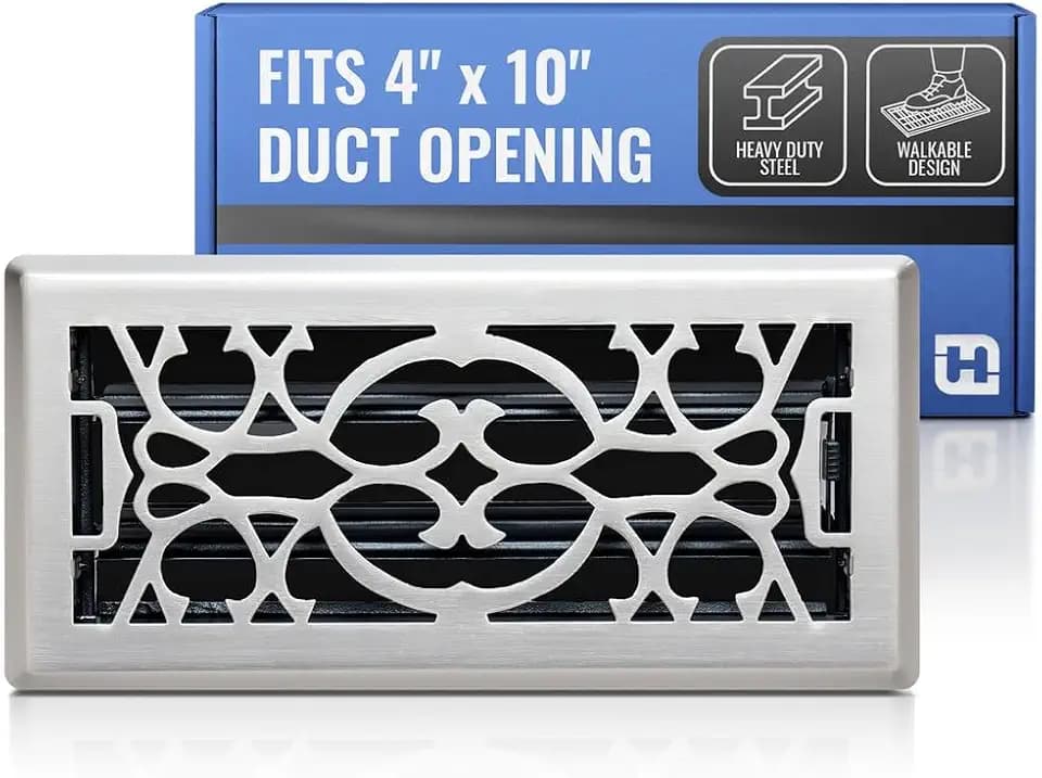 [8 Pack] Fits 4x10 and 10x4 Duct Opening | Decorative Floor Register with Victorian Design by Handua | Heavy Duty Walkable Design | Damper | Floor Vent |Easy to Adjust Air Supply Lever | Satin Nickel