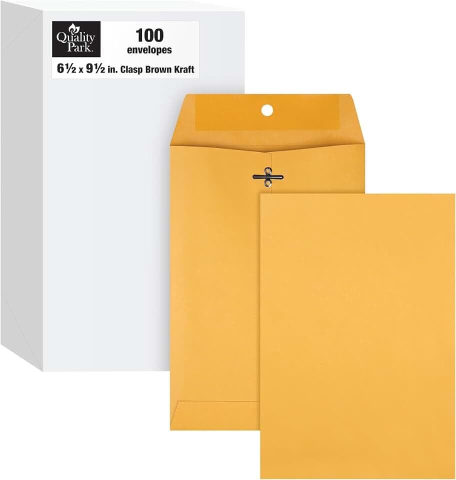 Quality Park Clasp Envelopes, 6.5 x 9.5 Inch Brown Kraft Catalog Envelopes, for Mailing Small Business Papers, Gummed Closure, Box of 100 (QUA37863)