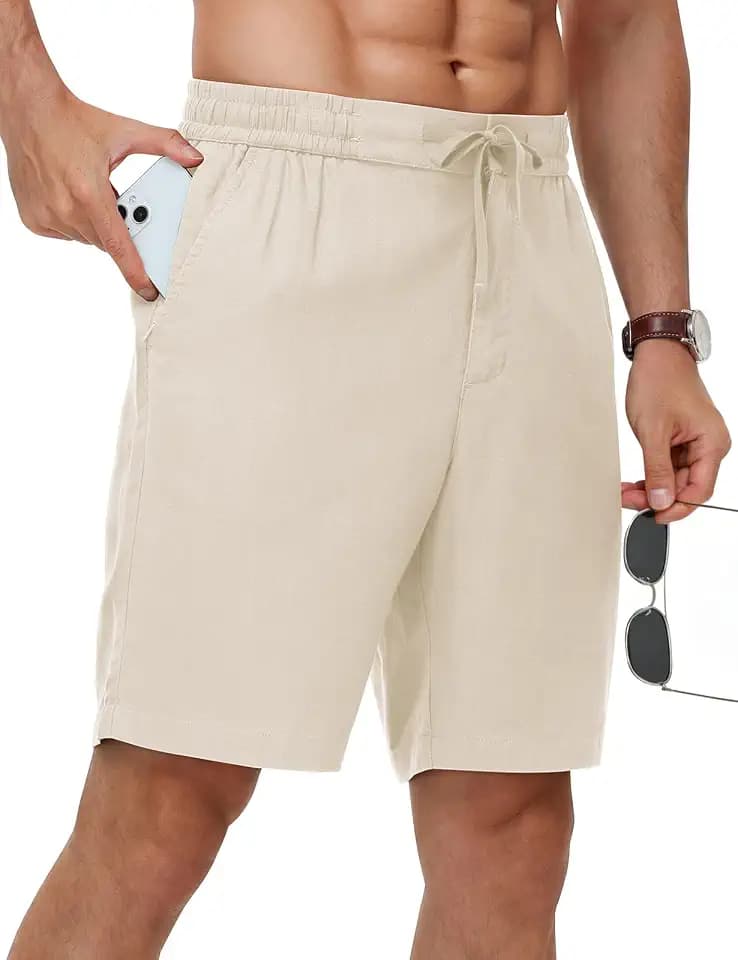TBMPOY Mens Linen Casual Shorts Zipper Pocket Breathable Drawstring Summer