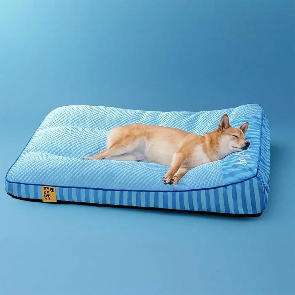 FUNNY FUZZY Cooling Orthopedic Dog Bed, Washable Sofa Mat(Strip Blue, XL)
