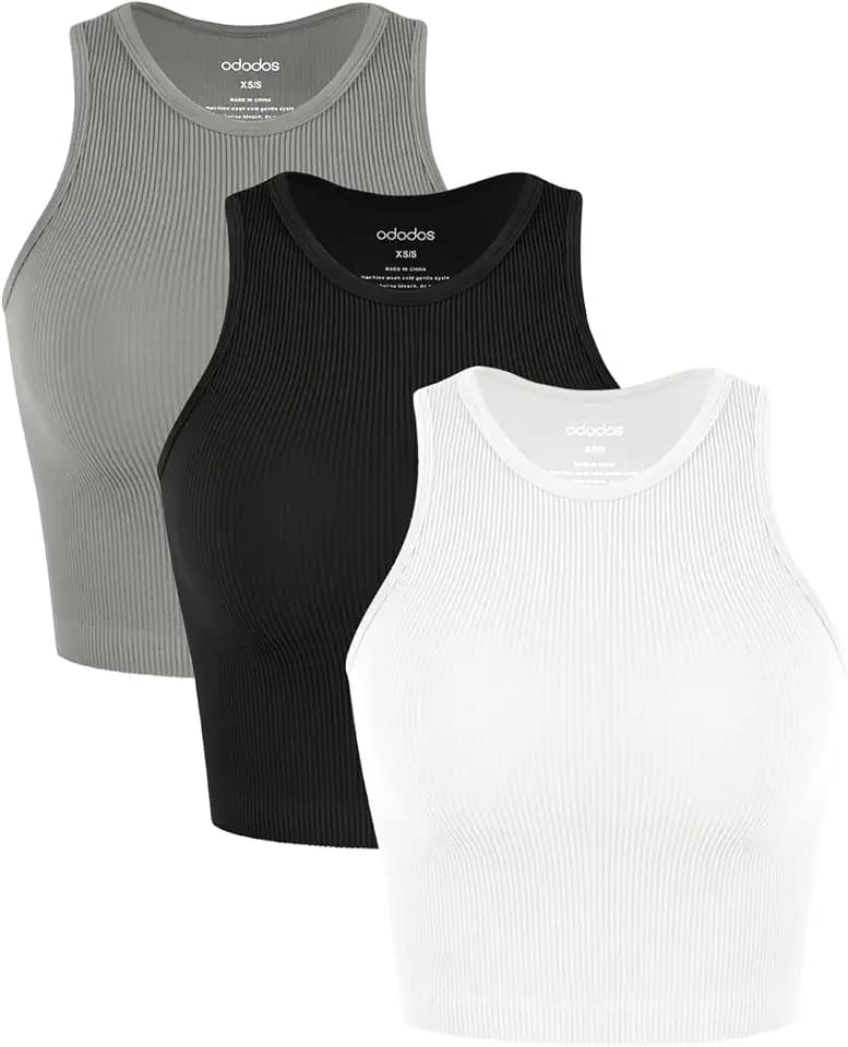 ODODOS 3-Pack Seamless Crop Tank for Women Ribbed Soft High Neck Cropped Tops