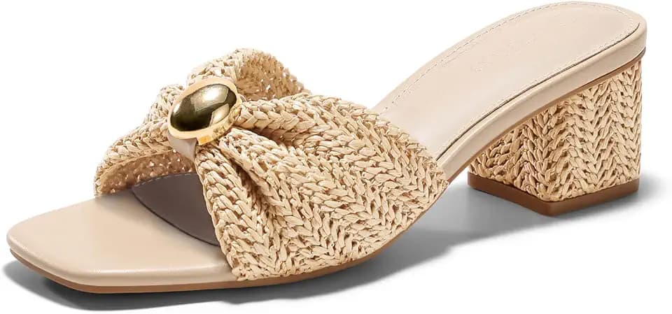 Coutgo Womens Low Chunky Block Heels Raffia Sandals Square Open Toe Slip On Slides Summer Beach Dress Shoes