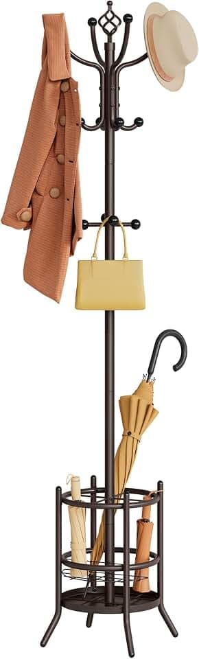 Tajsoon Coat Rack with Umbrella Stand, Coat Tree With 16 Hooks, Brown