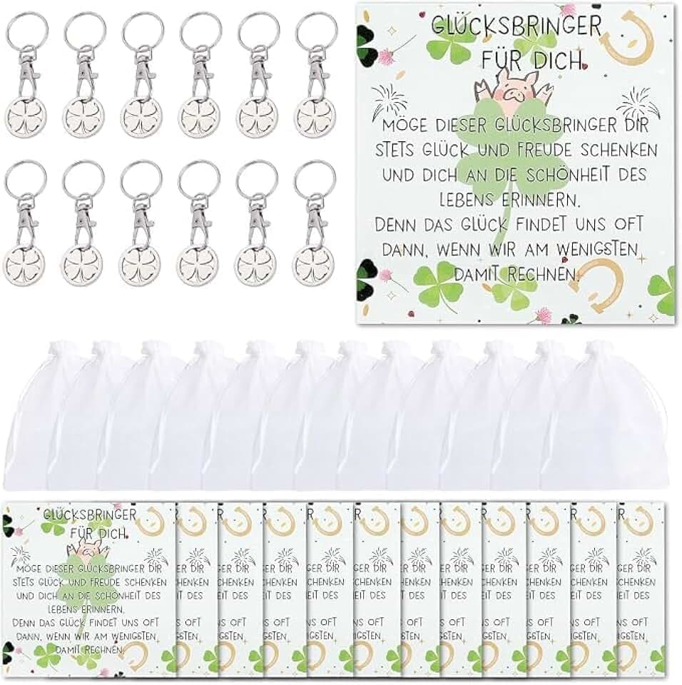 Einkaufswagenchip Schlüsselanhänger 12er Set, Kleeblatt Glücksbringer
