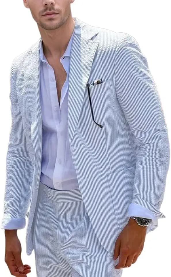 Seersucker-Anzug für Herren, gestreift, leicht und atmungsaktiv, Blazer und Hose, für Sommer, Strand, Hochzeit und Bräutigam, 2-teilig