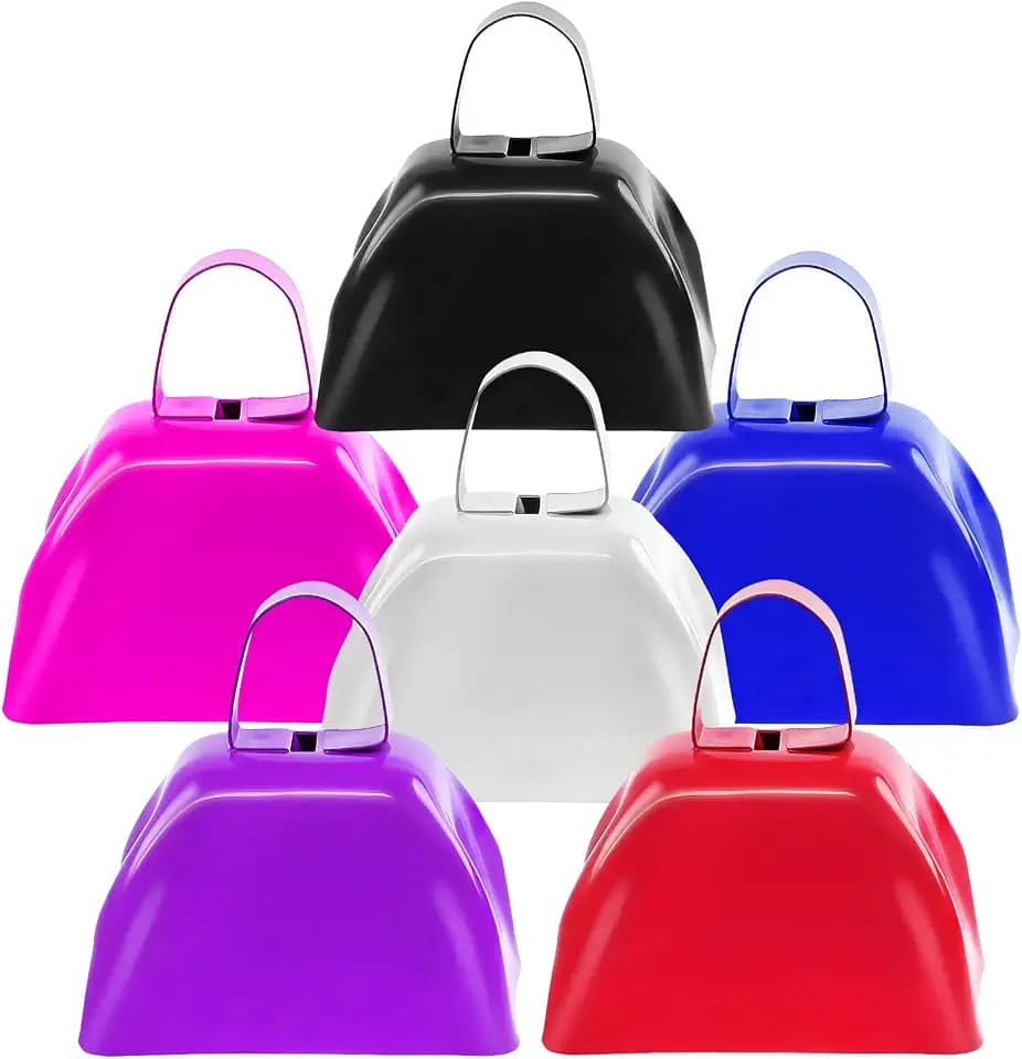 6PCS Metal Cow Bells Noisemakers, 3 Inch Loud Cow Bell Noise Makers for Sporting Events Party Favors with Handles, Great for Football Competitions, Sports Games, Celebration Parties (6 Colors)