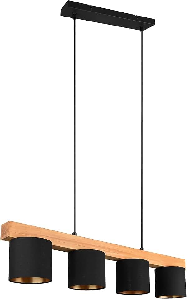 Reality Leuchten Pendelleuchte Cameron R30654002, Metall Schwarz matt, Stoffschirm schwarz,goldfarbig, Holz, exklusiv 4x E14