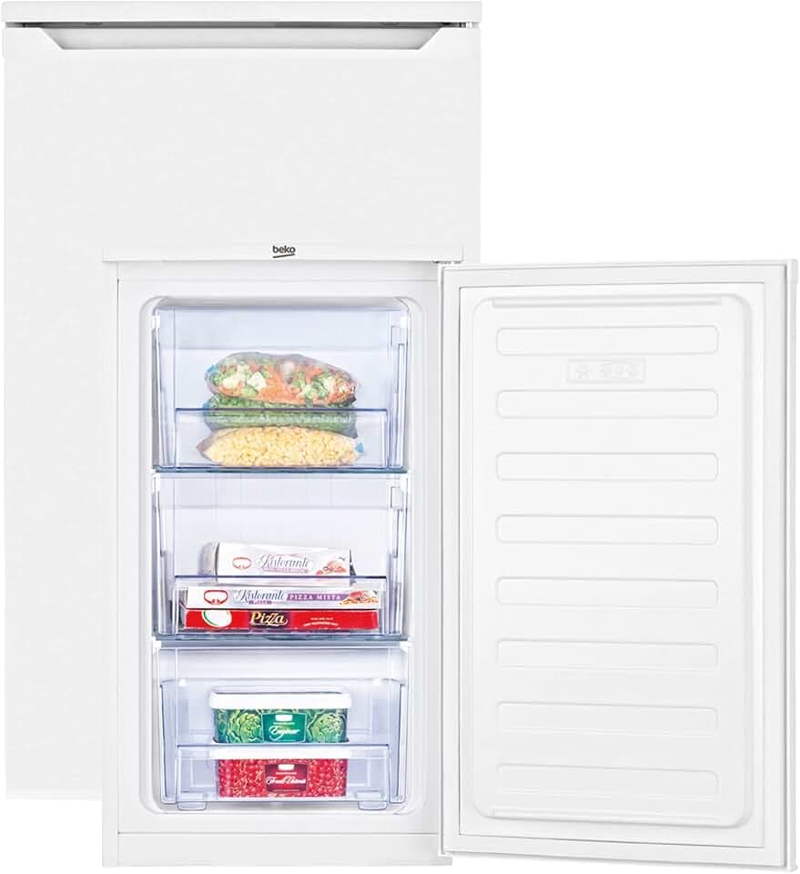 Beko FS166020 Gefrierschrank, freistehend, unterbaufähig, 65 l Nettovolumen, 3 kg/24h Gefrierkapazität, 3 Schubladen, MinFrost, wechselbarer Türanschlag, in unbeheizten Räumen nutzbar, Weiß