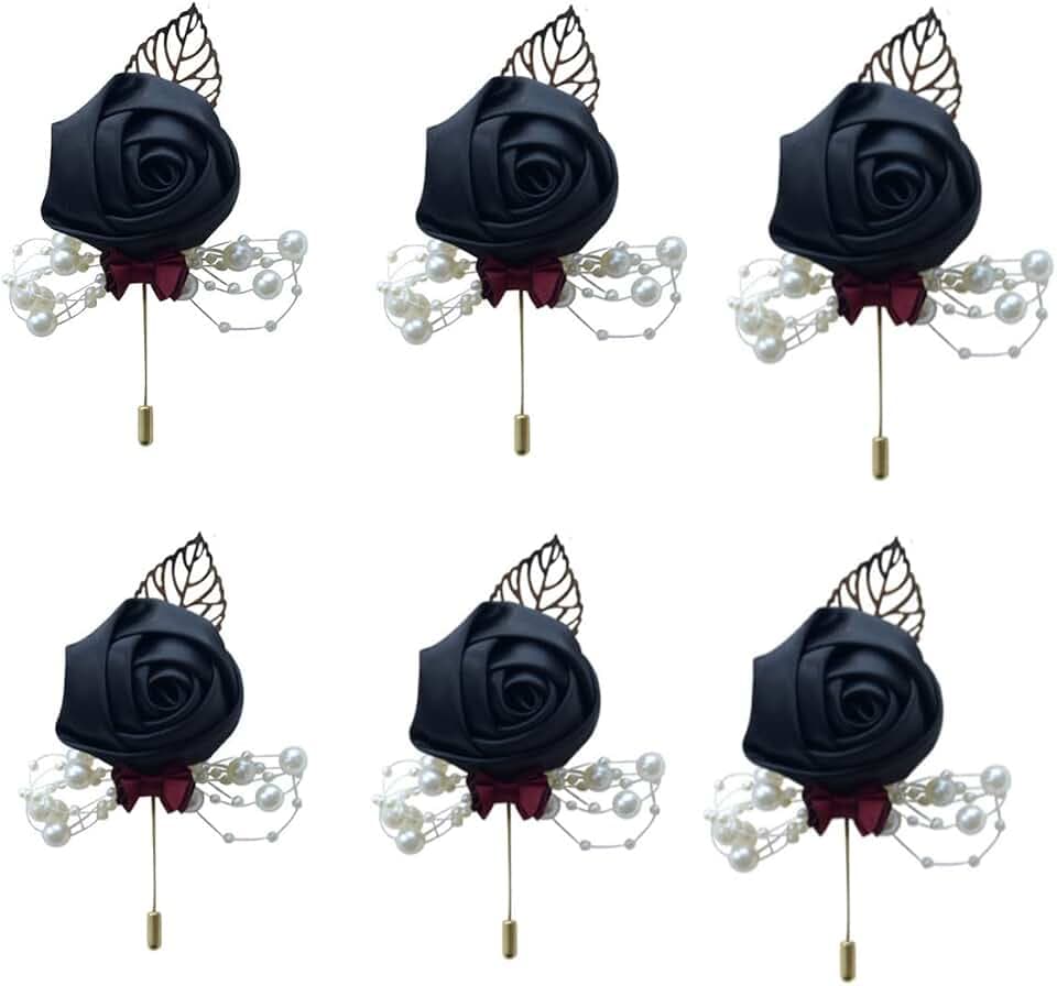 6 Stück Blumen-Buttonnieren-Set, Braut, Bräutigam, Trauzeugen, Ansteckblume, 5,1 cm, künstliche Rose und weiße Perlen, handgefertigte Seidenblume für Hochzeit, Heimkehr,Abschlussball, Anzug (schwarz)