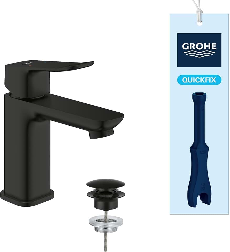 GROHE Dice, Waschtischarmatur, wassersparend (Wasserhahn für das Bad, Badarmatur mit Push-Open Ablauf, 15cm hoch, mit 3in1 Werkzeug, einfache Installation am Waschbecken), mattschwarz, 1018572430
