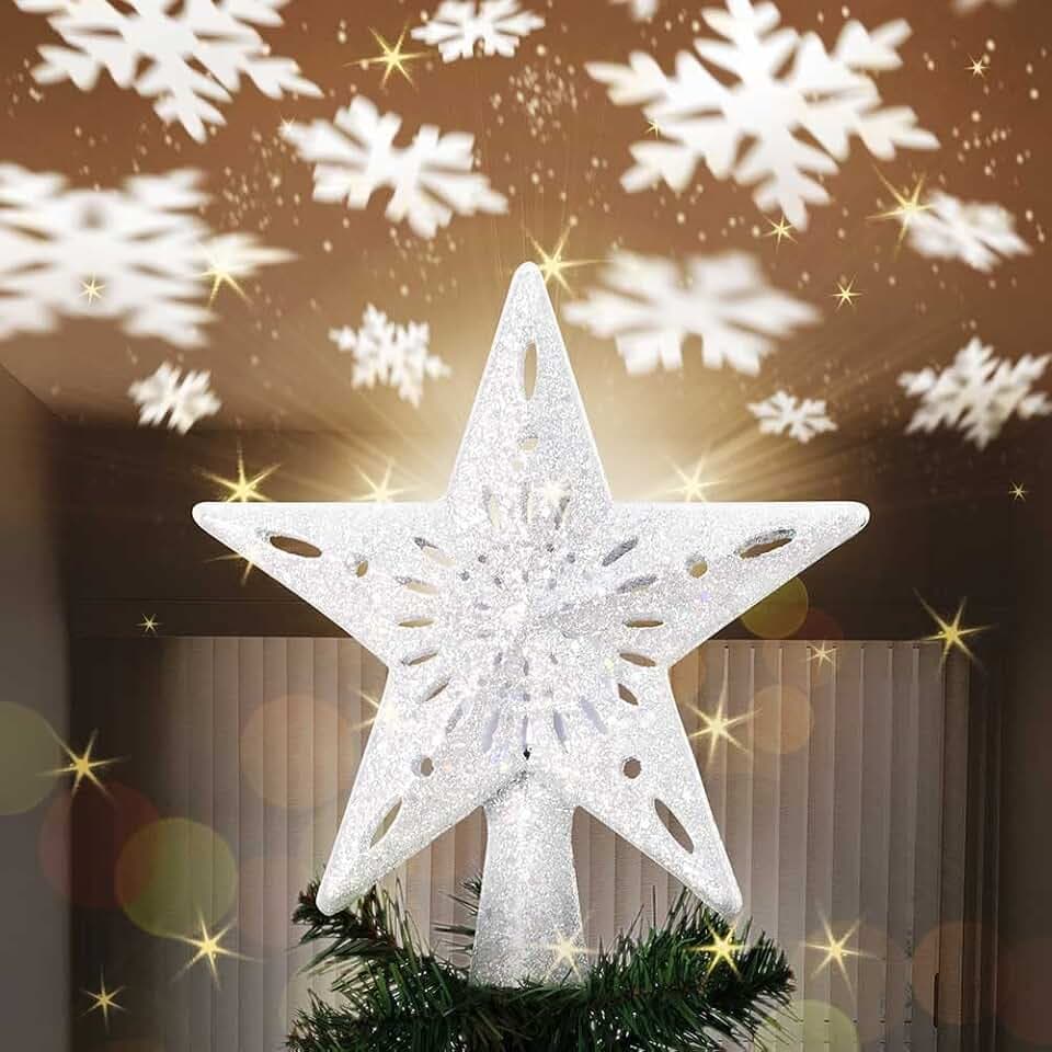 Bakaji Leuchtende Sternspitze mit Spiel Schneeflocken auf reflektierender Decke, Höhe 26 cm, Dekoration Weihnachtsbaumspitze, Weihnachtsdekoration mit Glitzer (Silber)