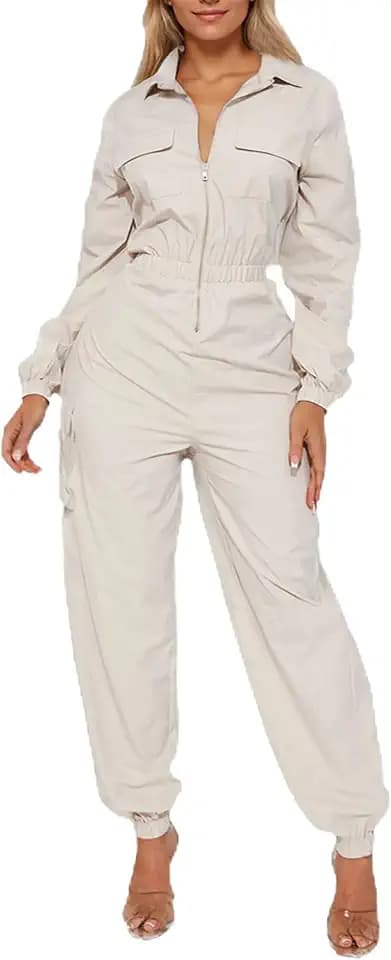 WOKANSE Women's Casual Utility Jumpsuit with Pockets and Zipper Front