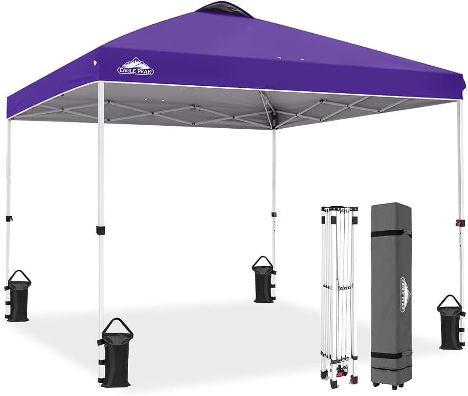 EAGLE PEAK Aufstellbarer Pavillon mit rollbarer Tragetasche, 8 Erdheringen, 4 Seilen, 4 Gewichtsacken, einfach aufzubauen, 3x3 m, 9 m² Schattenfläche, Lila