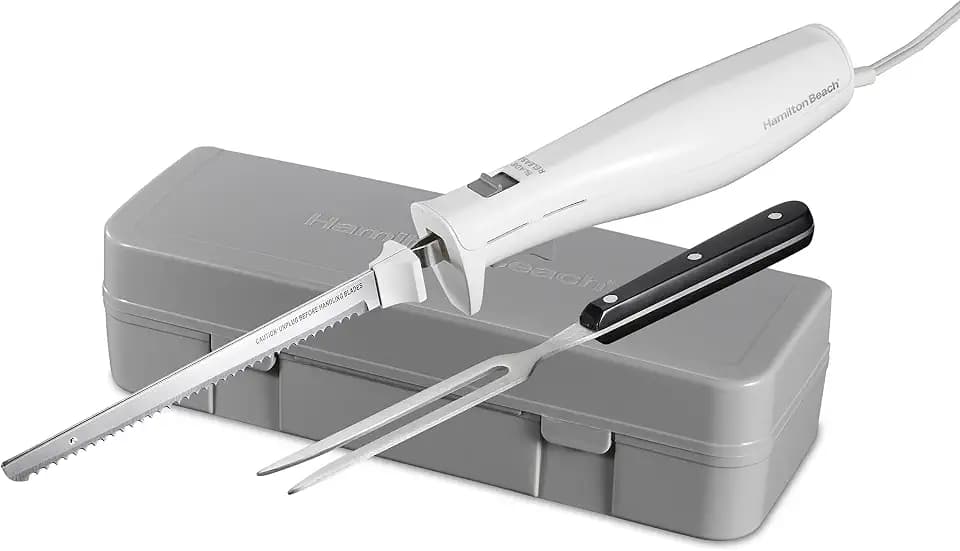Hamilton Beach Electric Knife Set for Carving Meats, Poultry, Bread, Crafting Foam & More, Reciprocating Serrated Stainless Steel Blades, Ergonomic Design Storage Case + Fork Included, 5 Foot Cord