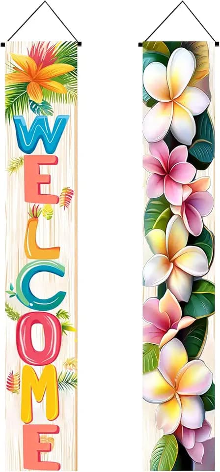 BlissYard 2pcs Welcome Summer Door Banner Porch Sign Hawaiian Decorations Hawaiian Banner Hibiscus Colorful Spring Summer Decor Wall Hanging Banners for Outdoor Home Tropical Party Decor Supplies