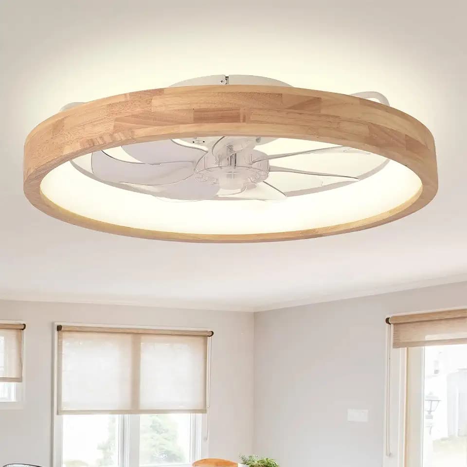 24" Low Profile Flush Mount Wood Fandelier Ceiling Fan with Light
