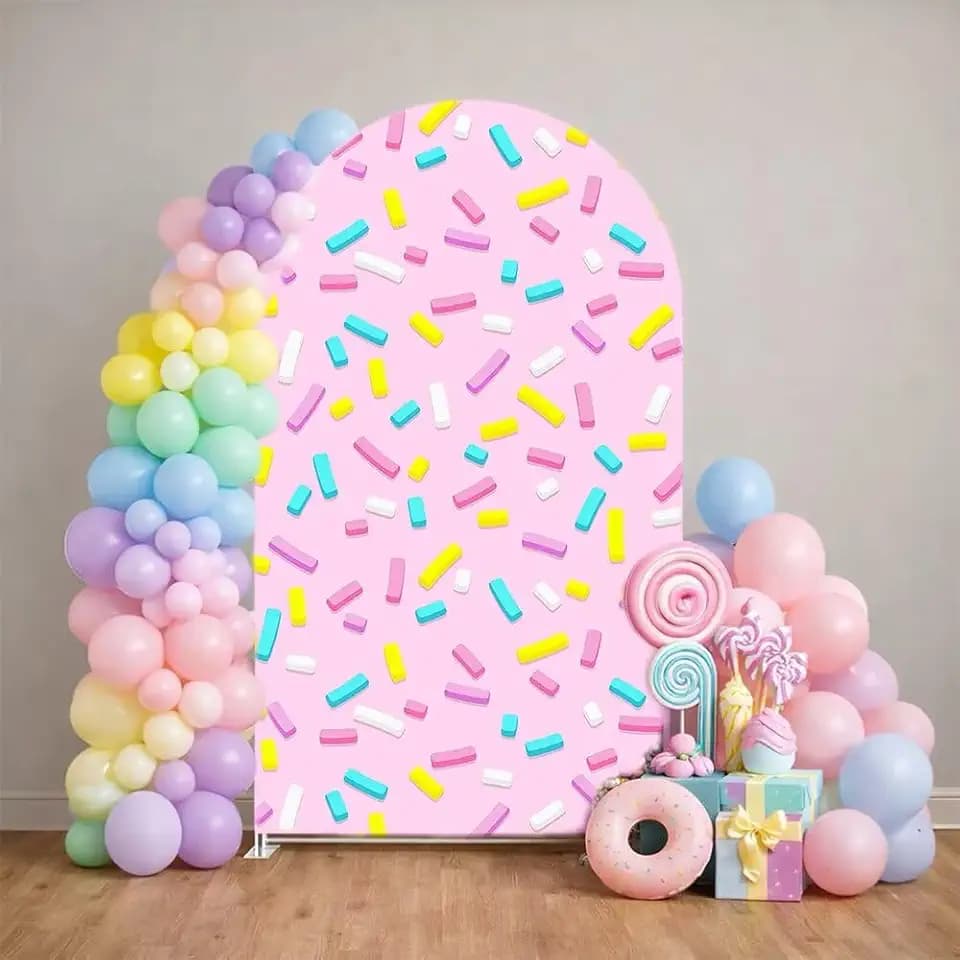 2.6x6ft Arch Backdrop Covers Pink Donut Glaze Sprinkles Birthday Party Decorations 2-Sided Chiara Arched Spandex Fabric Cover for Baby Shower Festa Parties Props