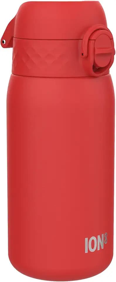 ION8 Isolierte Edelstahl-Trinkflasche, 320 ml, Auslaufsicher, Einhandöffnung, Sichere Verriegelung, Spülmaschinenfest, Klappdeckel, Tragegriff, Leicht zu Reinigen, Langlebig & Kratzfest, Rot