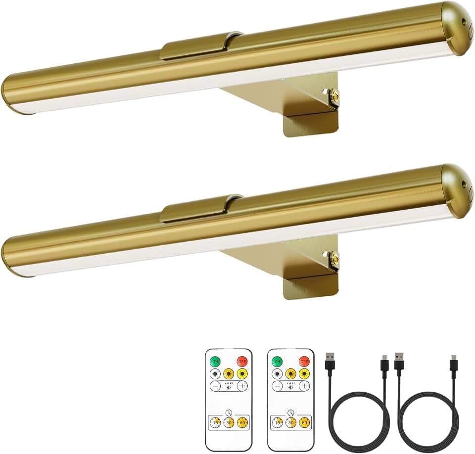 Picture Light with Remote, Wireless Rechargeable Battery Wall Light, Art Lights for Paintings with Timer and Dimmable for Display, Dartboard, Wall, Artwork, Gallery-2 Pack Brass