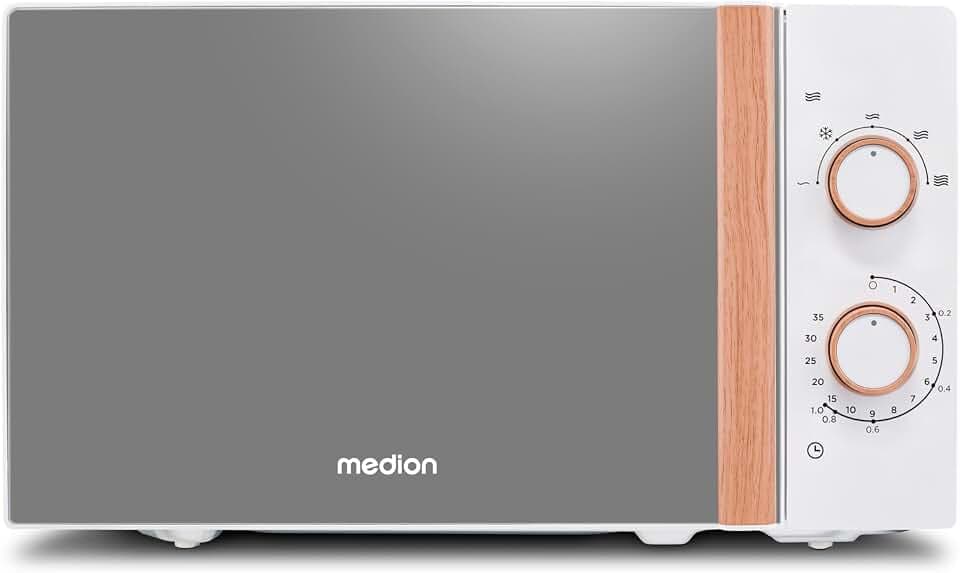 MEDION Mikrowelle klein (Holzoptik, Freistehend, 20 Liter, 700 Watt, Verspiegelte Tür, 5 Leistungsstufen, Auftaufunktion, Zeitschaltuhr, MD10596) weiß