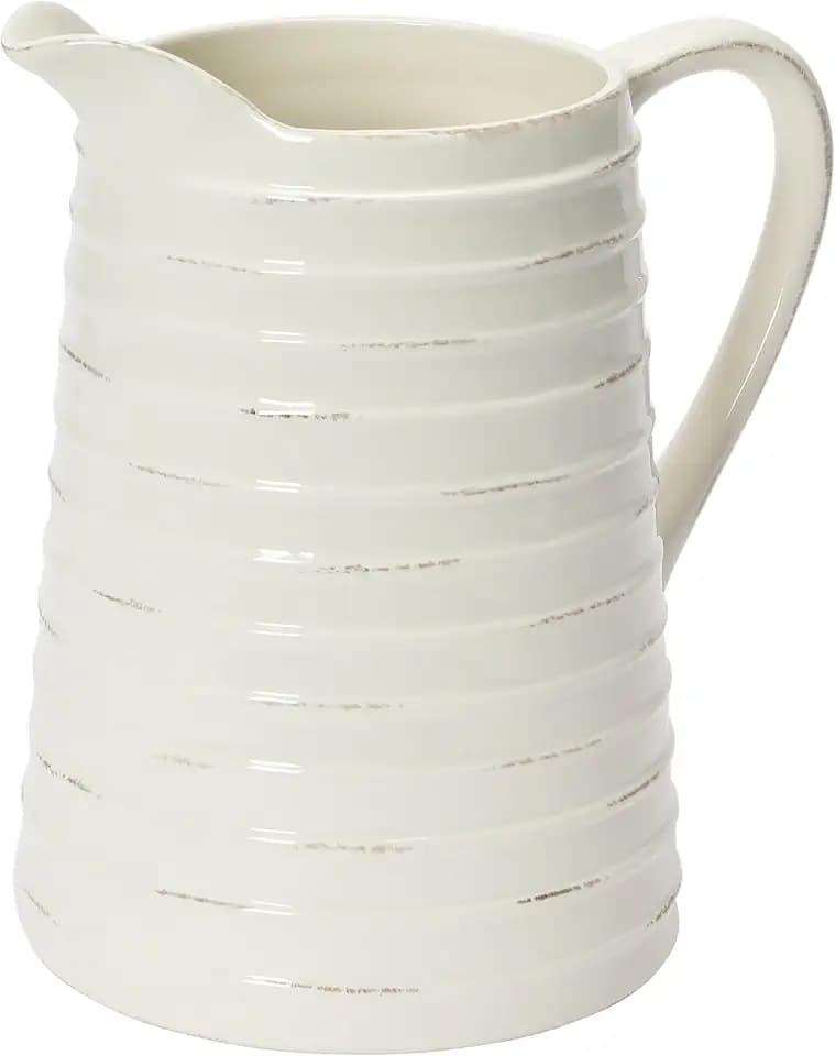 Creative Co-Op 87-Ounce Embossed Stripe Ceramic Pitcher, Distressed White