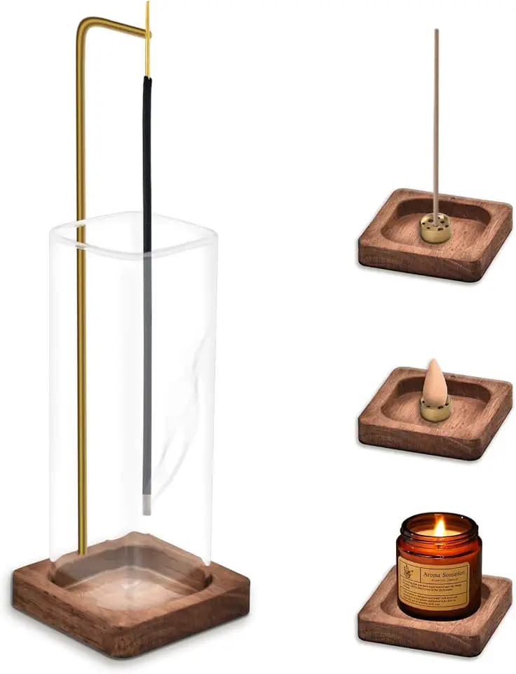 Holz Räucherstäbchen Halter, Räucherstäbchenhalter mit Abnehmbarem Aschefänger Aus Glas [Anti-Asche Flug] Modern Style Weihrauchbrenner Ideal für Meditation Yoga,Deko Schlafzimmer, Heimbüro