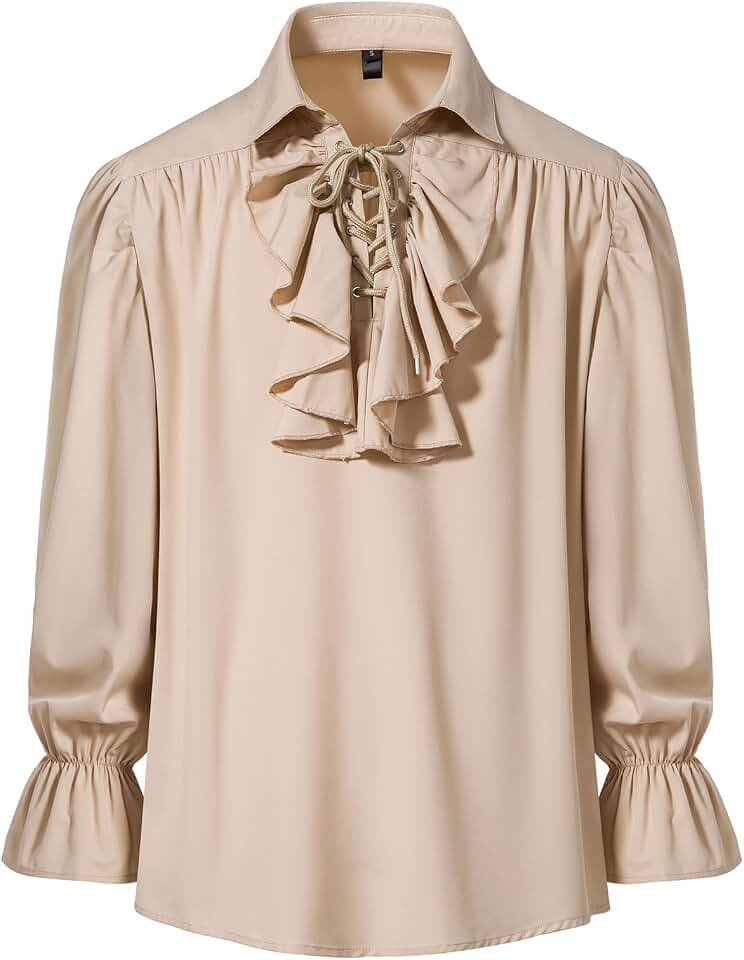 Herren Retro Renaissance Steampunk viktorianischen Langarm Jabot Kragen Mittelalter Pirat Schnürhemd Tops
