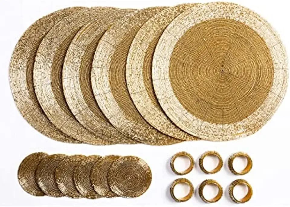 Penguin Home Set mit 18 Glasperlen Platzdeckchen, Untersetzern und Serviettenringen – goldfarben – runde Tischsets – handgefertigt von erfahrenen indischen Kunsthandwerkern – 32 cm., 3551