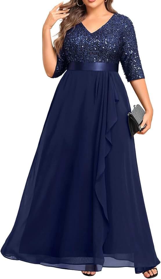 Talisea Women Plus Size Sequin Formal Evening Gown V-Neck Ruffle Maxi Dress