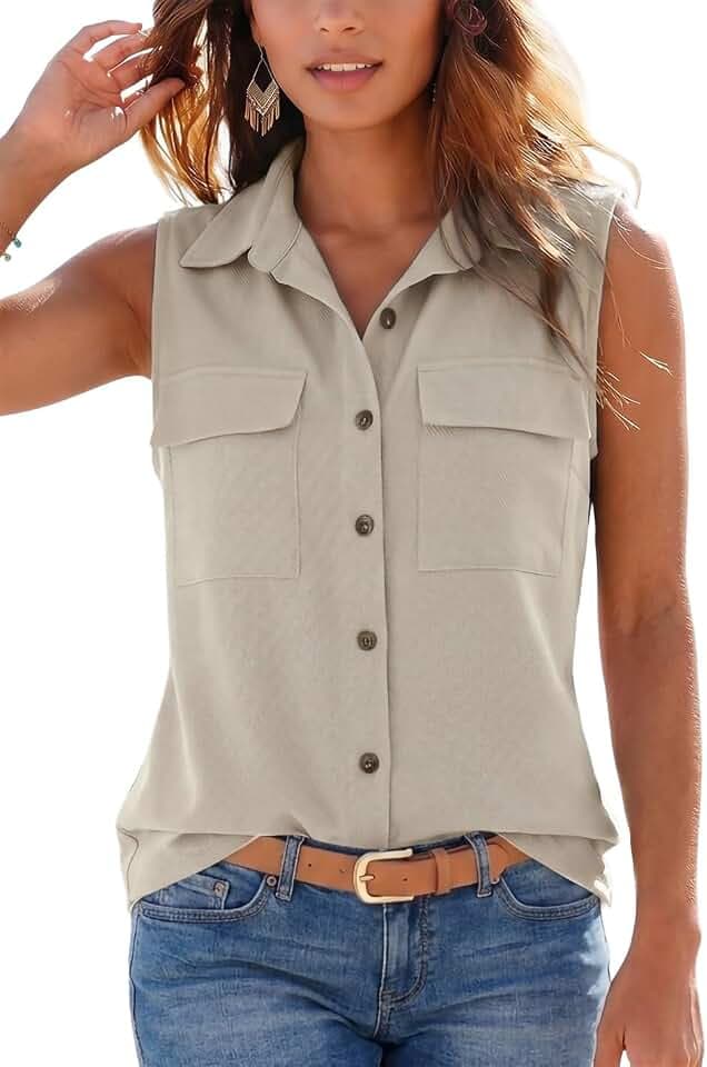 YUTILA Damen Bluse Ärmellos Sommer Leicht Casual Einfarbig Hemdbluse mit Knopfleiste und Brusttaschen