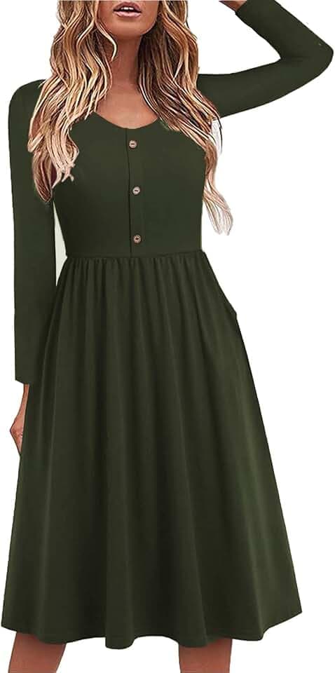 Yageshark Kleid Damen Langarm Rundhals Einfarbig Knielang Freizeitkleid Swing Hohe Taille A-Linien Knopf Midikleid