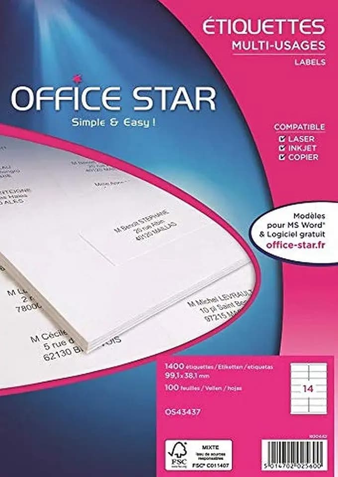 Office Star Bôite 1400 Etiketten vielseitig einsetzbar, 99,1 x 38,1 mm) weiß