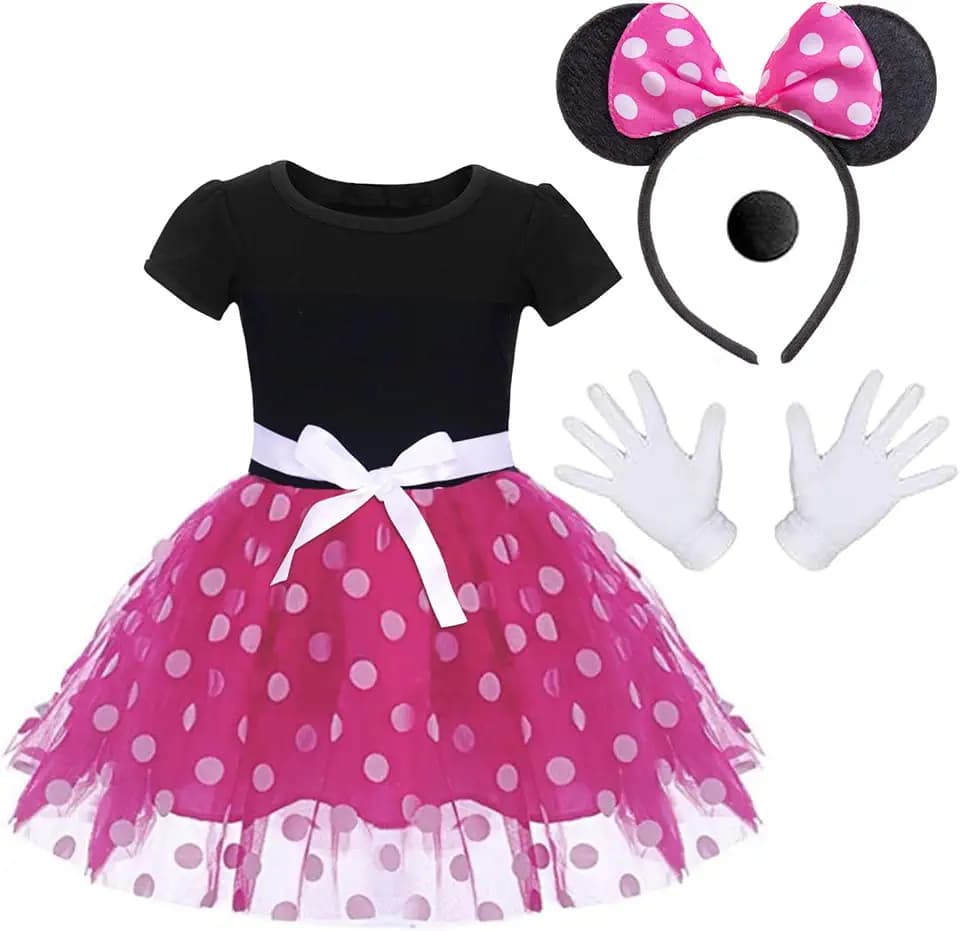 Kostüm mit Ohren, Schleife, Haarreifen, Handschuhen und Nase für Kinder, Mädchen, Halloween, Geburtstagsparty, gepunkteter Tutu-Rock