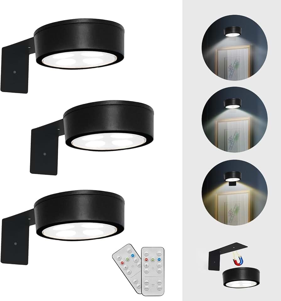3PACK Bild Licht mit Fernbedienung - LED Kunstanzeige Batterie betrieben, Malerei Beleuchtung mit 3 Beleuchtungsfarben & Dimmbar für Kunst, Bilder, Dartboard, Fotorahmen und Portrait an der Wand