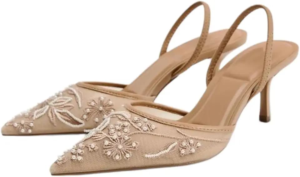 Women's Mesh Floral Embroidered Slingback Heels with Pearl Studded Pointed Toe Lace Heeled Sandals Backless Slip On Kitten Heel Pumps Wedding Party Shoes