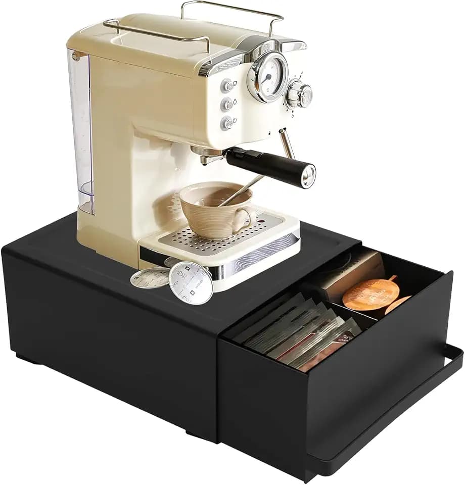 Kaffee Kapselhalte,(27.5x22.2x11.5cm) Kaffeekapseln Aufbewahrung mit Schublade Made of Carbon Steel Tragfähigkeit von 11 lbs,Kaffee Organizer für Kaffeemaschine, Mixer, Wasserkocher