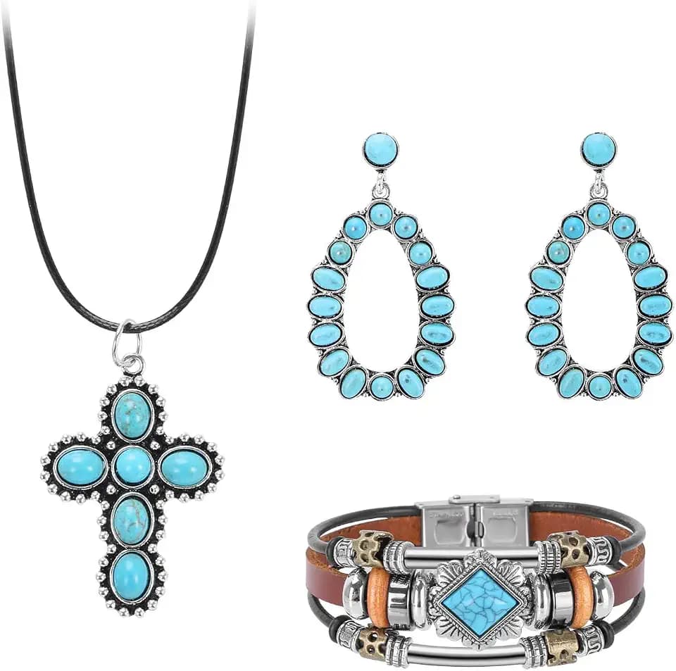3 Pieces Turquoise Jewelry Set Western Necklaces, Earrings and Leather Bracelet for Women Men